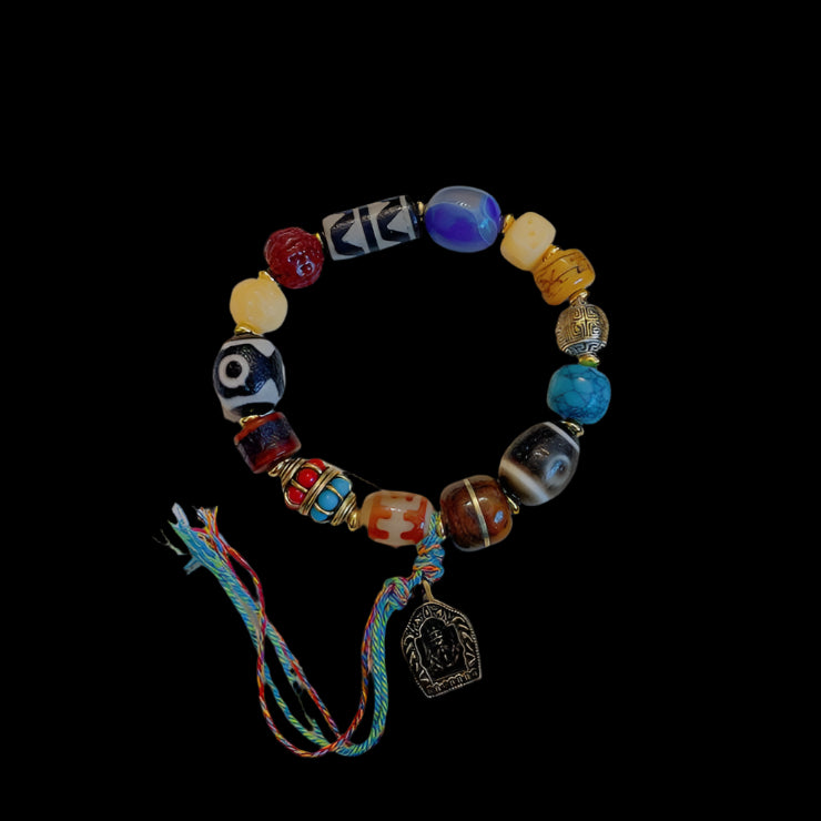 Turquoise Dzi Bead Bracelet with Camel Bone, Agate, and Zha Ki Ram