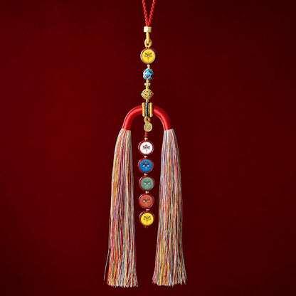 Five-Way Wealth God Sandalwood Tangka Car Pendant – Handwoven Spiritual Charm