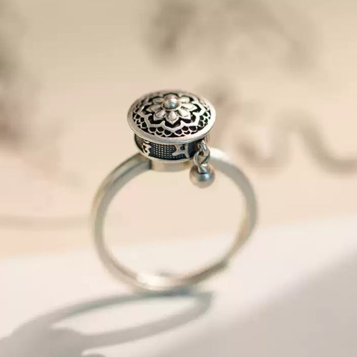 Tibetan Spinning Prayer Wheel Ring with Lotus Symbol