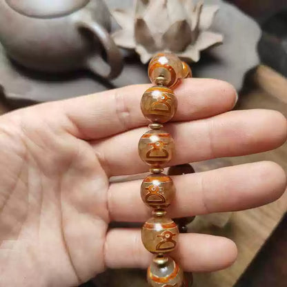 Tibetan Agate Bracelet with Red-Skin Dzi & Fortune Symbols