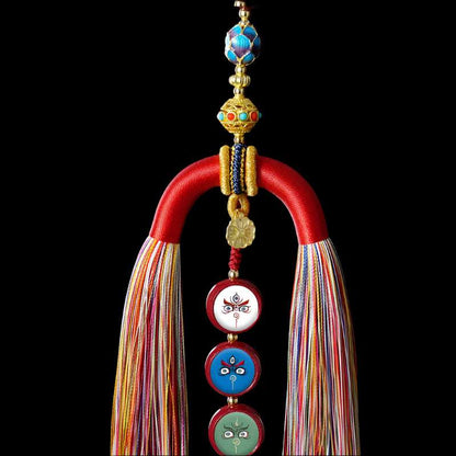 Five-Way Wealth God Sandalwood Tangka Car Pendant – Handwoven Spiritual Charm