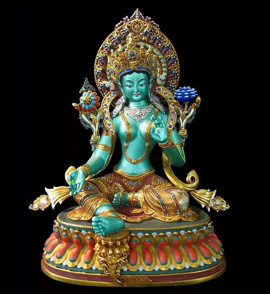 Handcrafted Tibetan Green Tara Statue – Pure Copper with Detailed Engraving and Colorful Paintwork