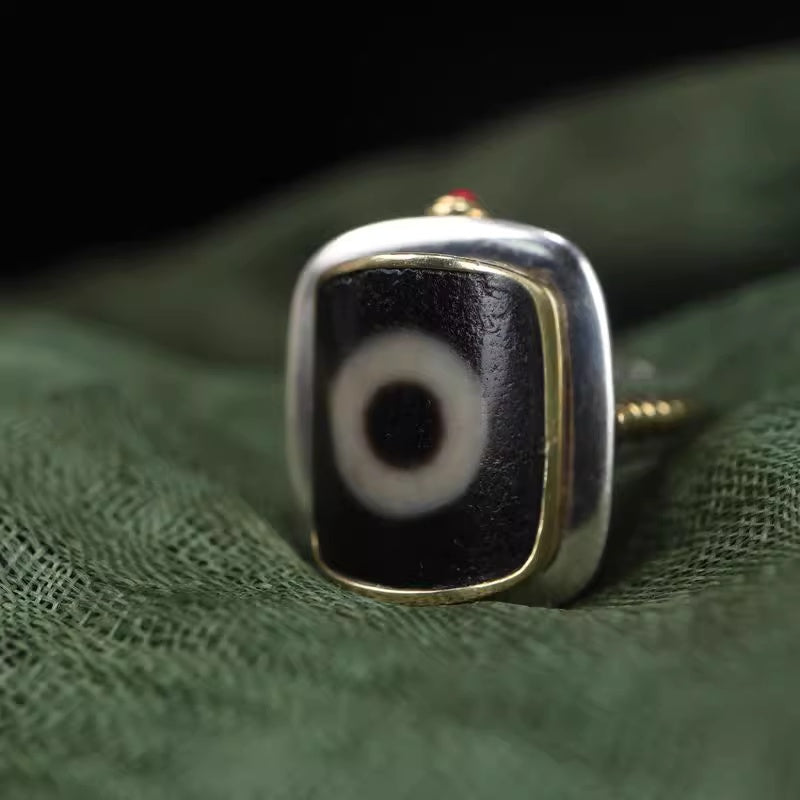 Tibetan Dzi Bead Ring – Unisex Silver Ring with Sacred Symbol for Protection and Prosperity Product Overview