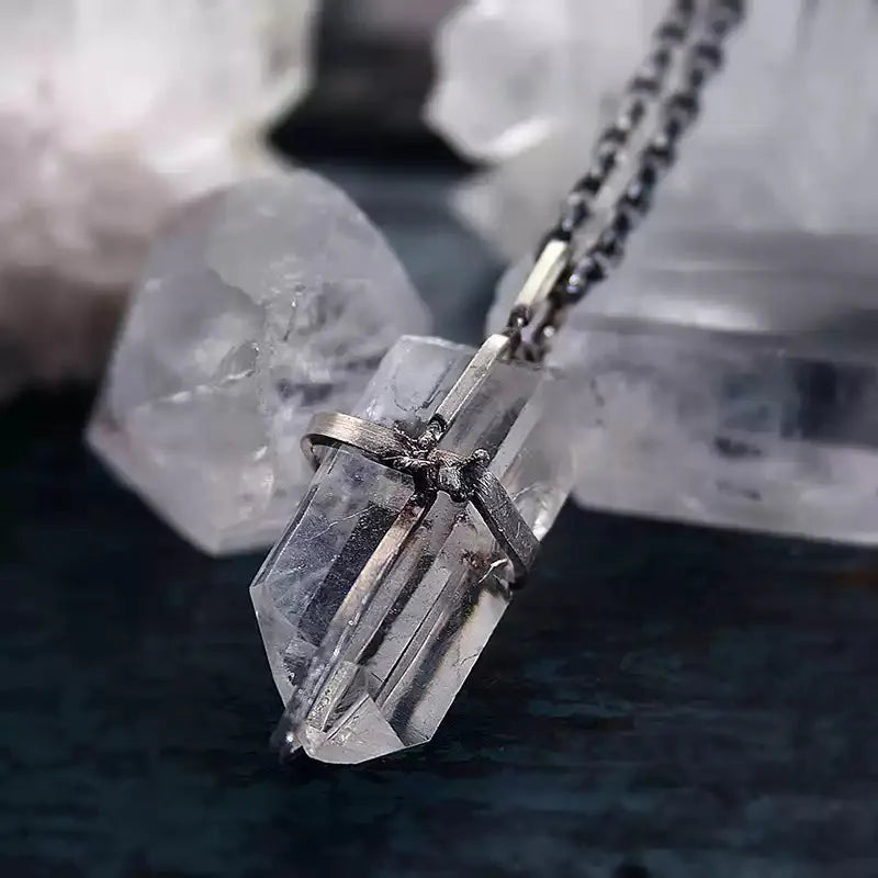 Silver Necklace with Flashing Spirit Crystal Raw Pendant