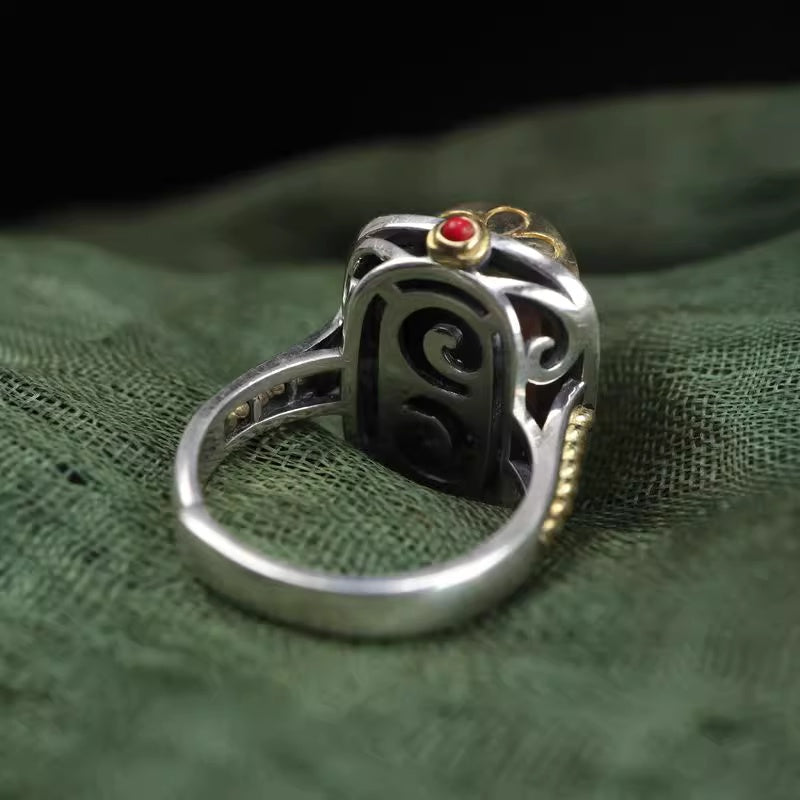 Tibetan Dzi Bead Ring – Unisex Silver Ring with Sacred Symbol for Protection and Prosperity Product Overview