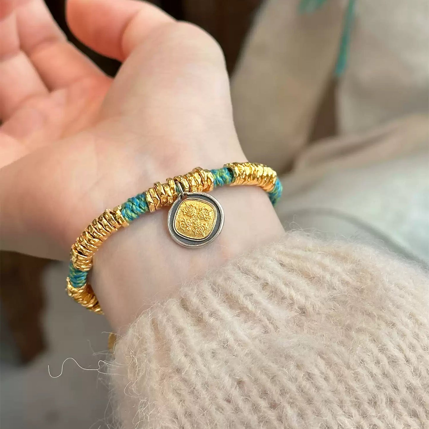 Vajra Knot Bracelet with 24K Gold-Plated S925 Silver & Woven Cord