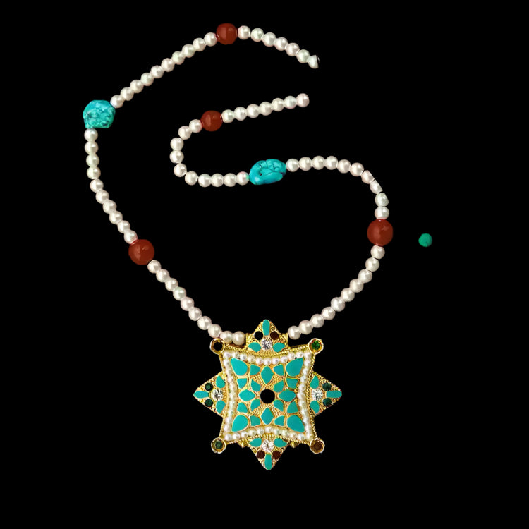 Tibetan Gau Box Pendant Necklace with Pearl, Turquoise & Carnelian