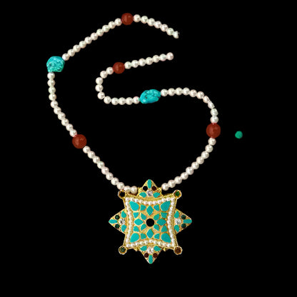 Tibetan Gau Box Pendant Necklace with Pearl, Turquoise & Carnelian