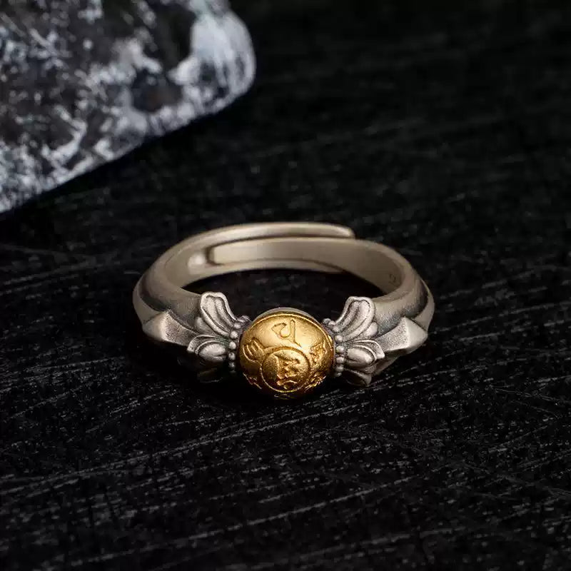 Tibetan Wisdom Mantra Ring with Antique Silver & Gold Detailing