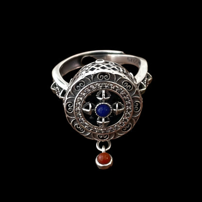 Tibetan Silver Incense Burner Ring with Carnelian & Spin Feature
