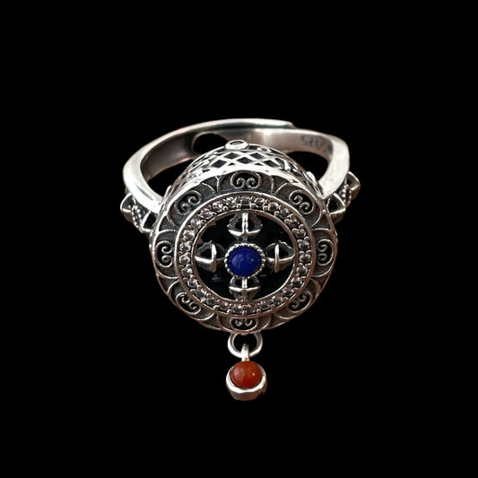 Tibetan Silver Incense Burner Ring with Carnelian & Spin Feature