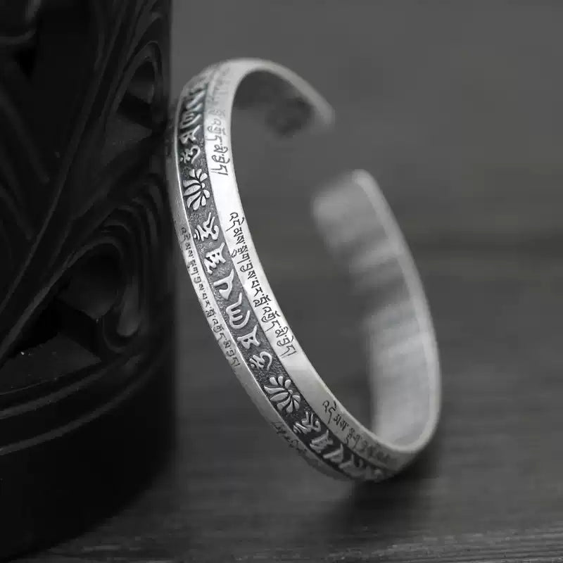 Tibetan Silver Mantra Bracelet – Om Mani Padme Hum & Heart Sutra Protection