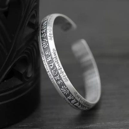 Tibetan Silver Mantra Bracelet – Om Mani Padme Hum & Heart Sutra Protection