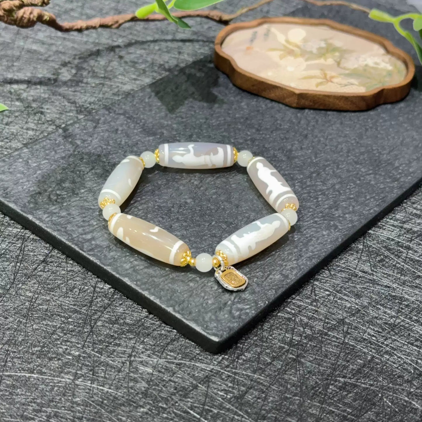 White Omen® Tibetan Agate Bracelet with Guanyin Dzi Beads & Vintage Charm