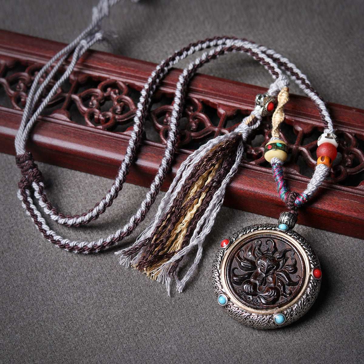 Agarwood Nine-Tailed Fox, Palden Lhamo, and Green Tara Thangka Necklace