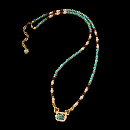 Handmade Turquoise & Pearl Beaded Necklace with Gold Accents