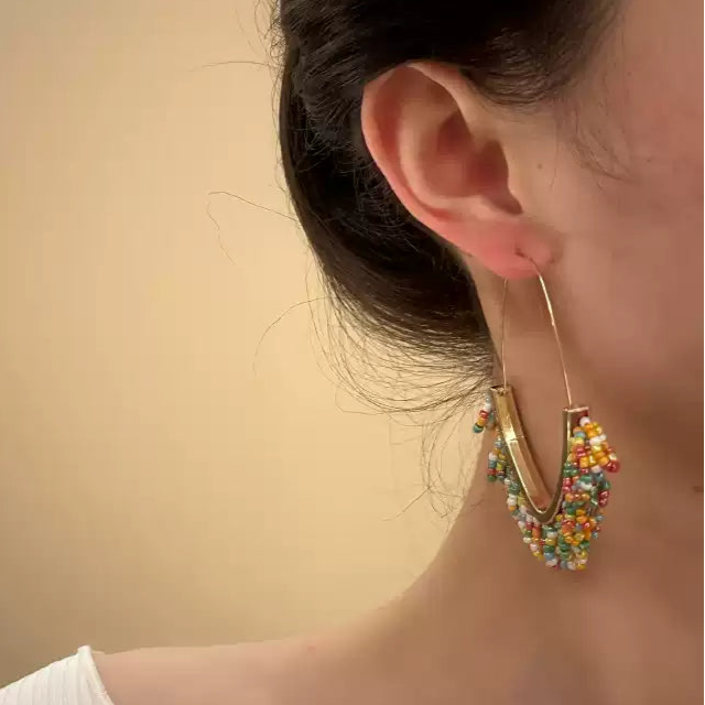 Boho Hoop Earrings with Multicolor Beaded Fringe and Gold Accent