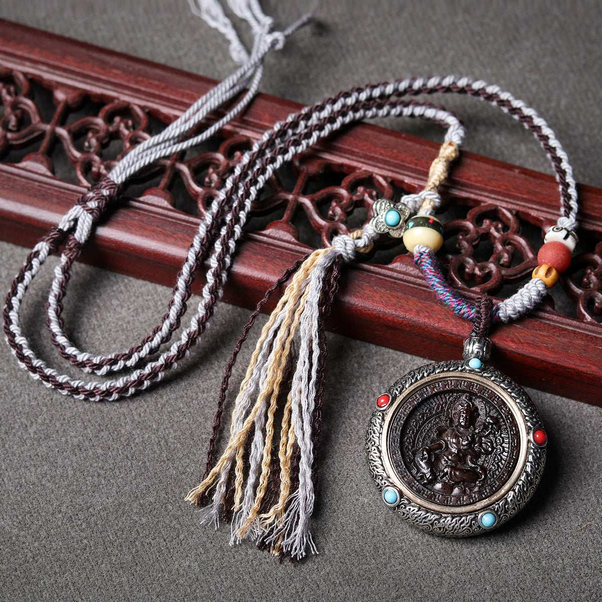 Agarwood Nine-Tailed Fox, Palden Lhamo, and Green Tara Thangka Necklace