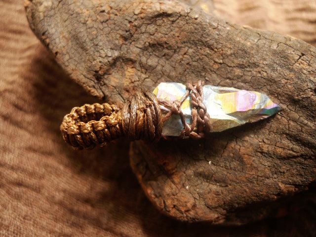 Handcrafted Natural Electroplated Quartz Crystal Pendant with Twisted Rope Netting