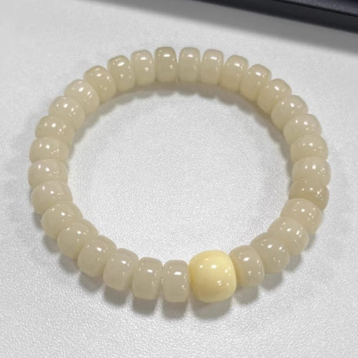 Snow Mountain White Bodhi Root Bracelet with Green Glass Bead