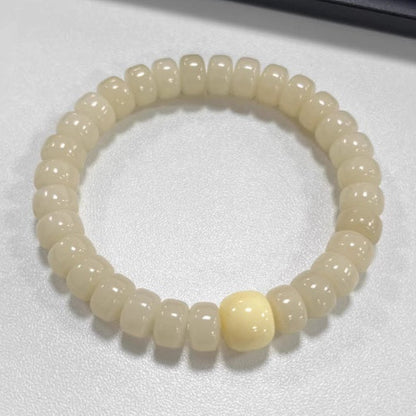 Snow Mountain White Bodhi Root Bracelet with Green Glass Bead