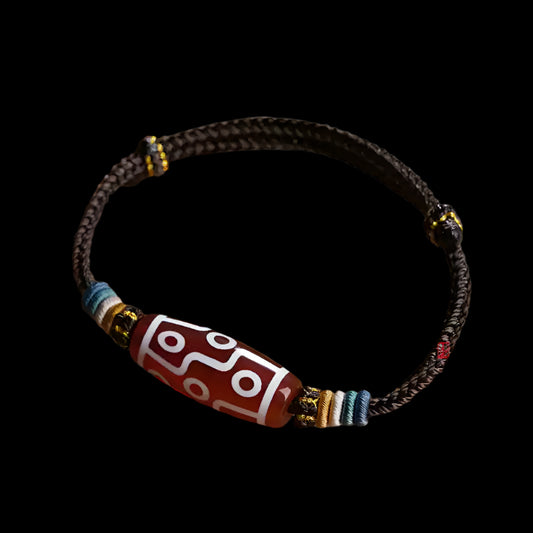 Nine-Eyed Dzi Bead Bracelet with Natural Agate