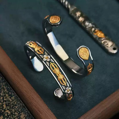 Tibetan Vajra Cuff Bracelet in Silver-Plated Copper with Inlay