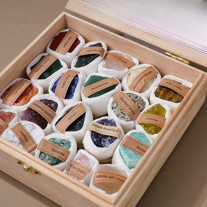 20-Piece Raw Crystal Collection in Wooden Display Box for Healing