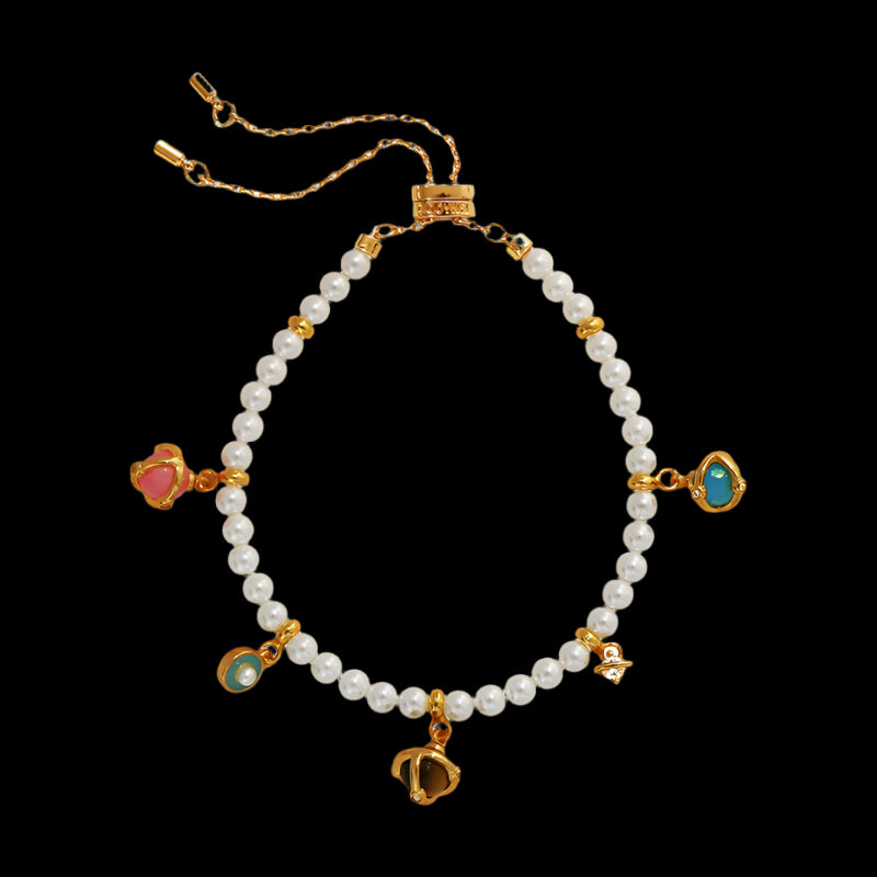 Opal & Gemstone Small Bead Pearl Bracelet with Gold Accents