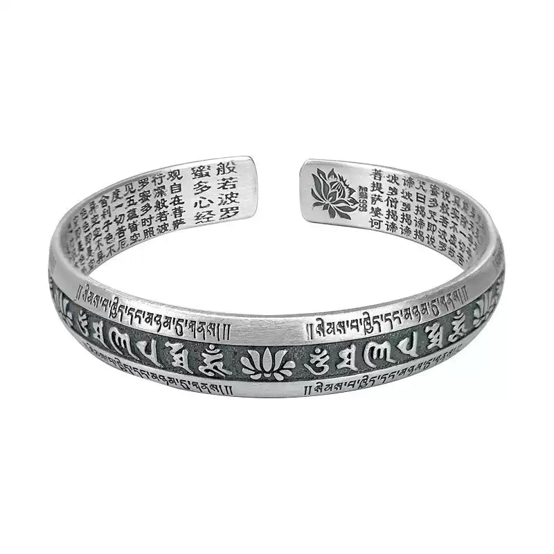 Tibetan Silver Mantra Bracelet – Om Mani Padme Hum & Heart Sutra Protection
