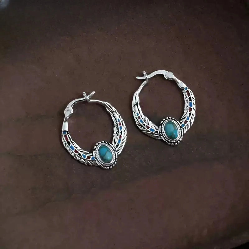 Tibetan Turquoise Hoop Earrings with Enamel Feather & Silver Detail