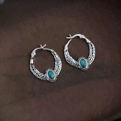 Tibetan Turquoise Hoop Earrings with Enamel Feather & Silver Detail