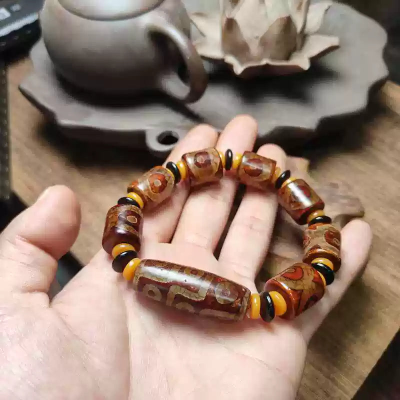 Natural Agate Tibetan Dzi Bead Bracelet – Three & Nine-Eyed Design
