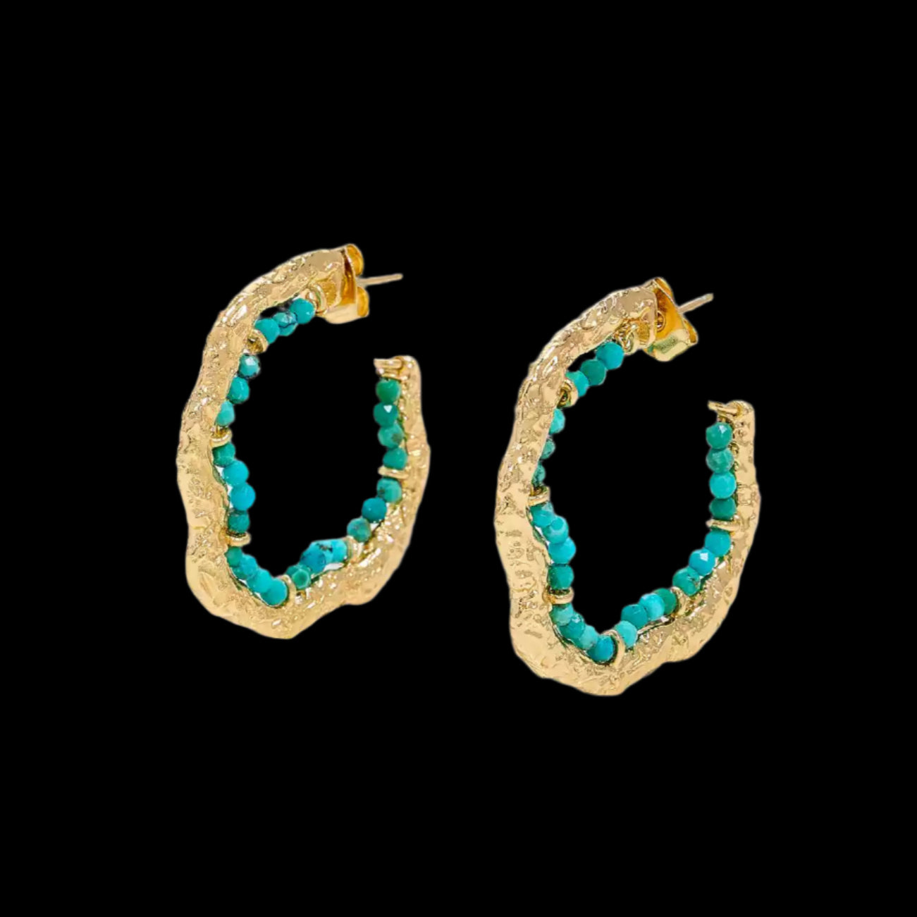 Textured Gold Hoop Earrings with Turquoise or Freshwater Pearls