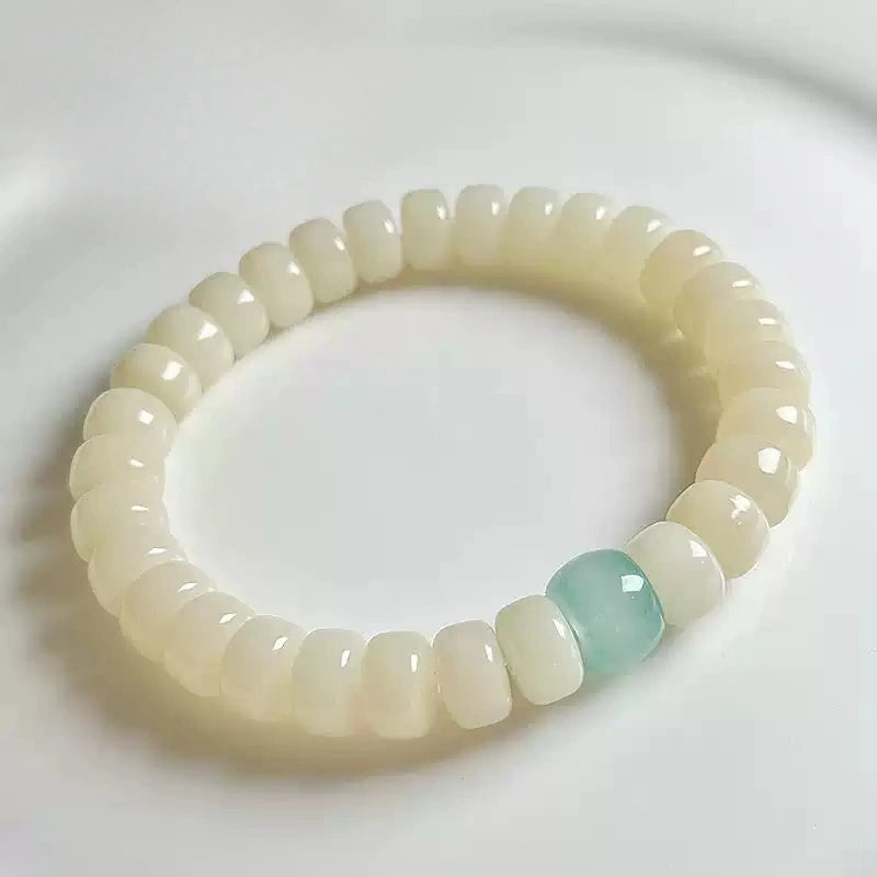 Snow Mountain White Bodhi Root Bracelet with Green Glass Bead