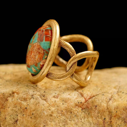 Tibetan Handcrafted Agate and Enamel Ring – Intricate Natural Stone and Traditional Enamel Work