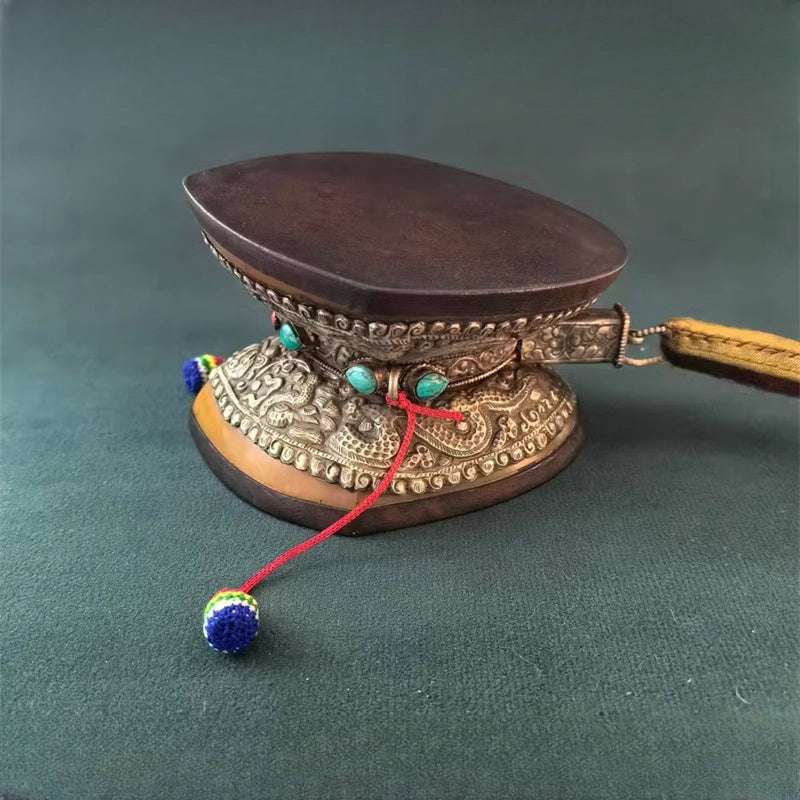 Handcrafted Ancient Style Gilded Square Drum – Sacred Tibetan Drum with Sheep Leather and Sandalwood Frame