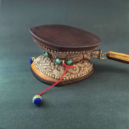 Handcrafted Ancient Style Gilded Square Drum – Sacred Tibetan Drum with Sheep Leather and Sandalwood Frame