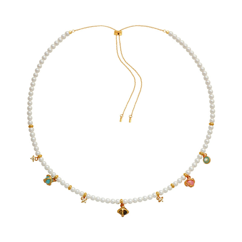 Opal & Pearl Small Bead Necklace with Gold Accents