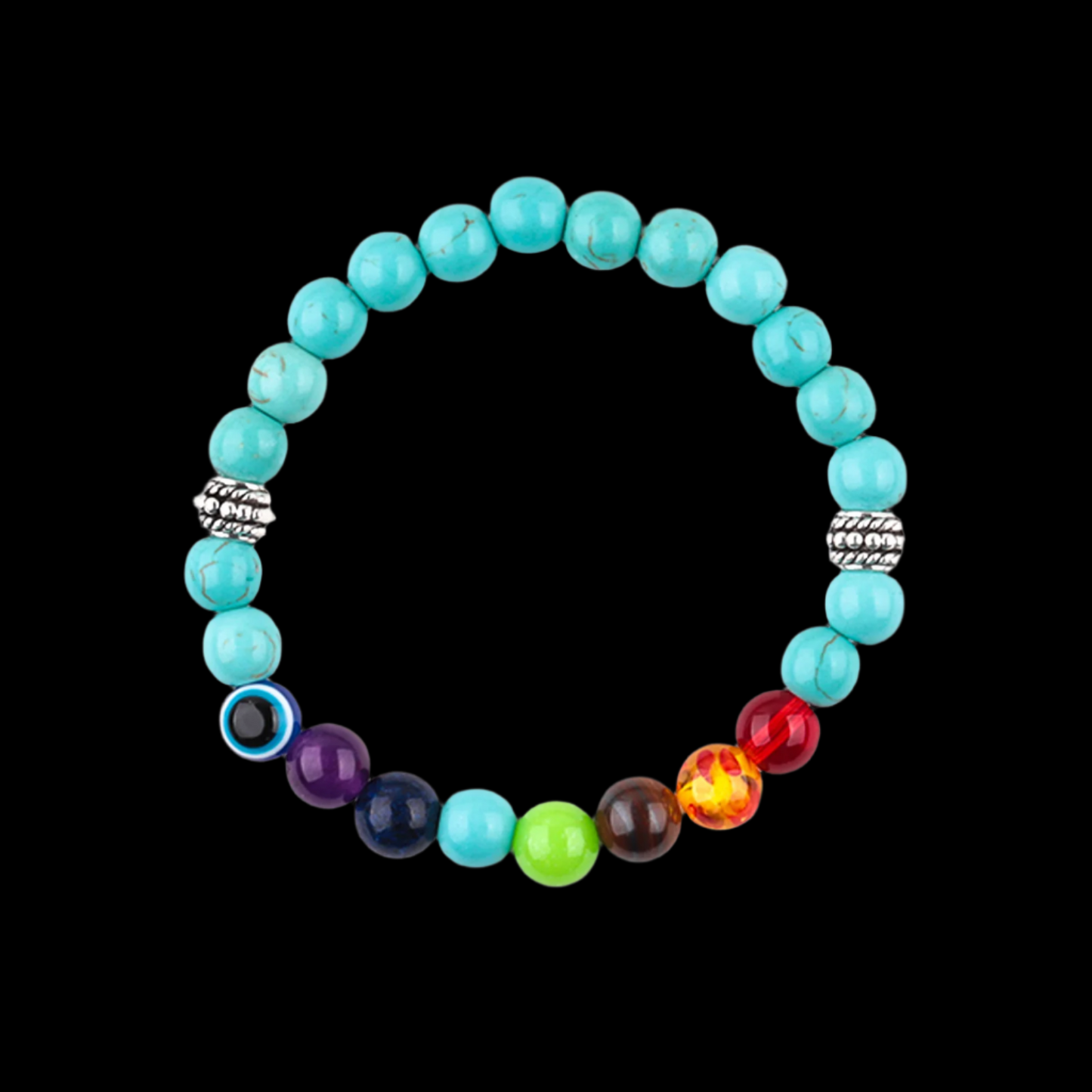 Tibetan Chakra Evil Eye Bracelet with Lava and Tiger Eye Beads