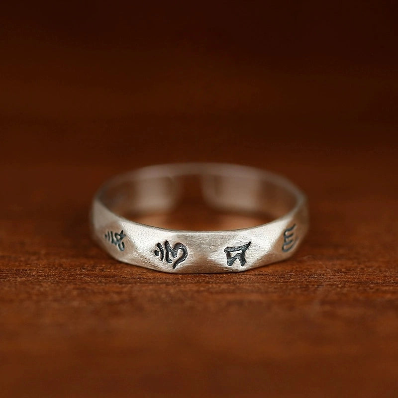 Tibetan Six-Word Mantra Open Ring in Aged Sterling Silver