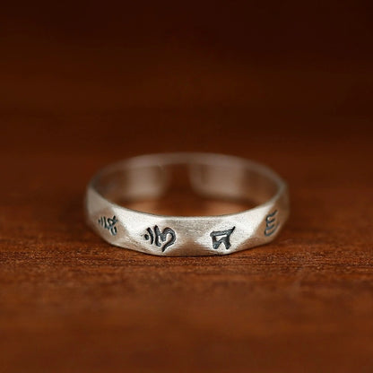 Tibetan Six-Word Mantra Open Ring in Aged Sterling Silver