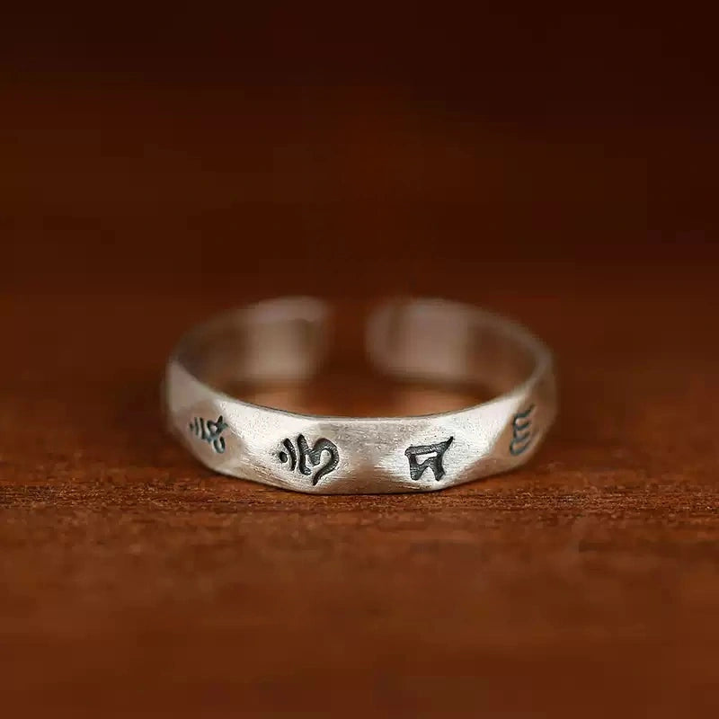Tibetan Six-Word Mantra Open Ring in Aged Sterling Silver