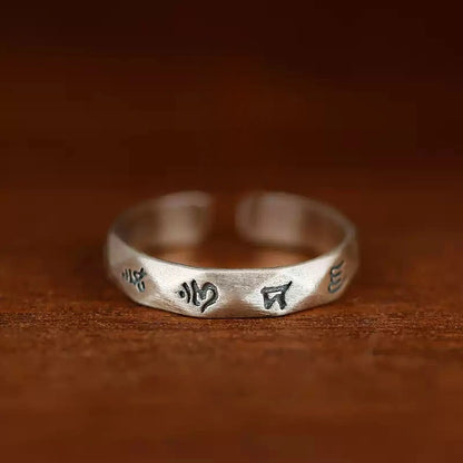 Tibetan Six-Word Mantra Open Ring in Aged Sterling Silver