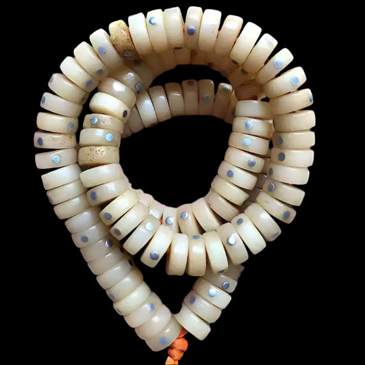 Tibetan 108 Camel Bone Mala with Silver Inlay – Handcrafted Buddhist Beads