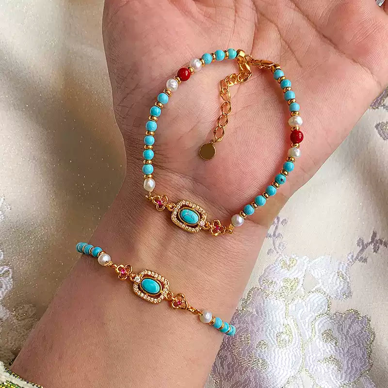 Turquoise & Pearl Small Bead Bracelet with Gold Accents