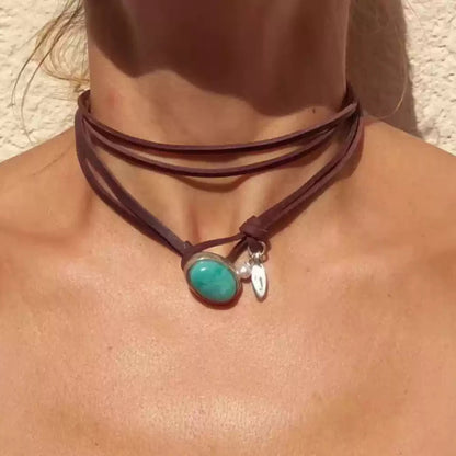 Tibetan Turquoise Choker Necklace with Multi-Layer Leather Wrap