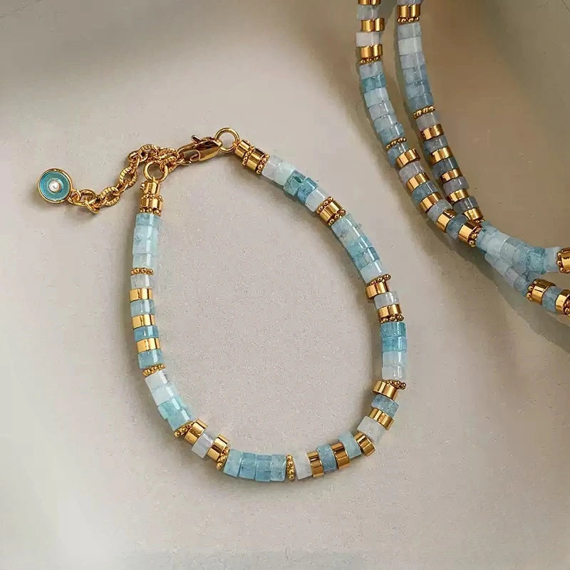 Radiant Grain® Aquamarine Seed Bead Bracelet with Gold Accents