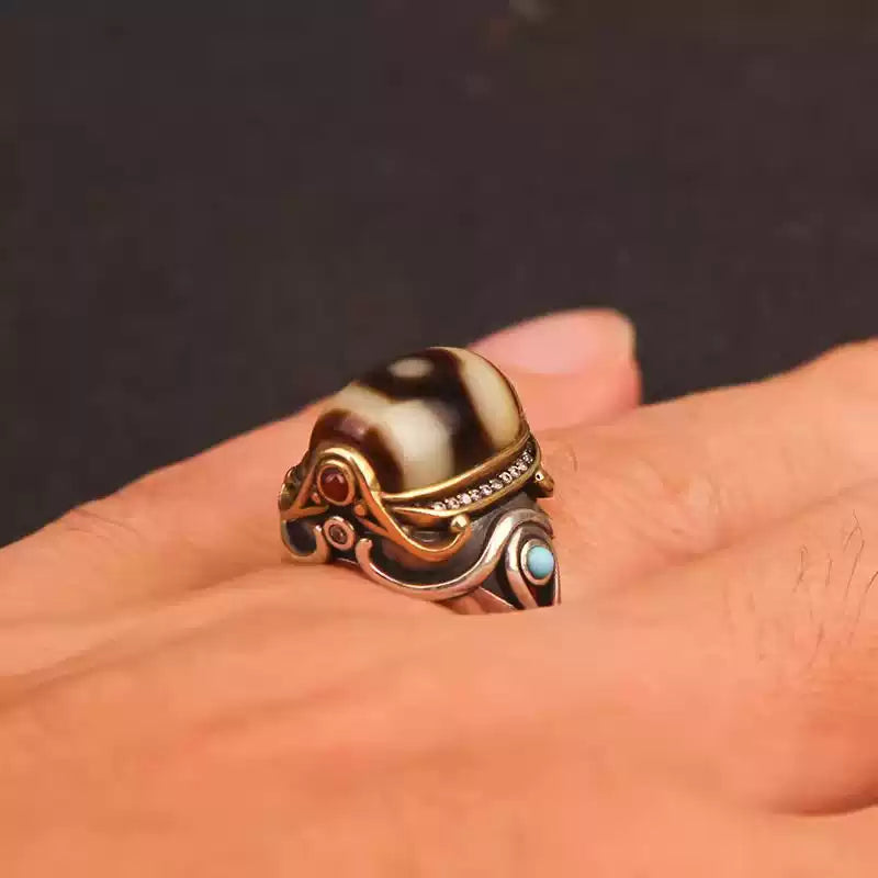 Third Eye Armor® Tibetan Dzi Ring with Three-Eyed Bead, Turquoise & Silver Inlay