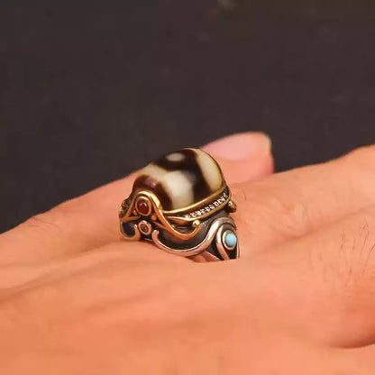Third Eye Armor® Tibetan Dzi Ring with Three-Eyed Bead, Turquoise & Silver Inlay